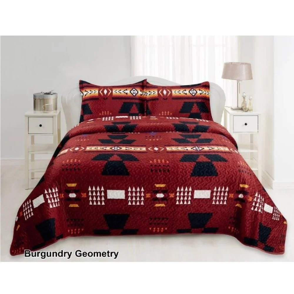 Geometric Print Bedding Set Queen & King Size Quilted Bedspreads Velvet Burgundy